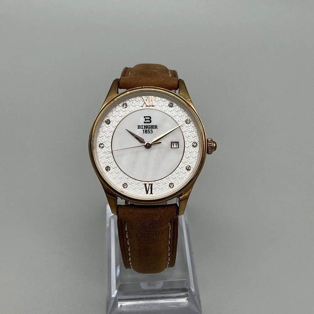 Binger B-3027L-1 Womens Watch 34mm White Dial Gold Tone Leather Date New Battery
